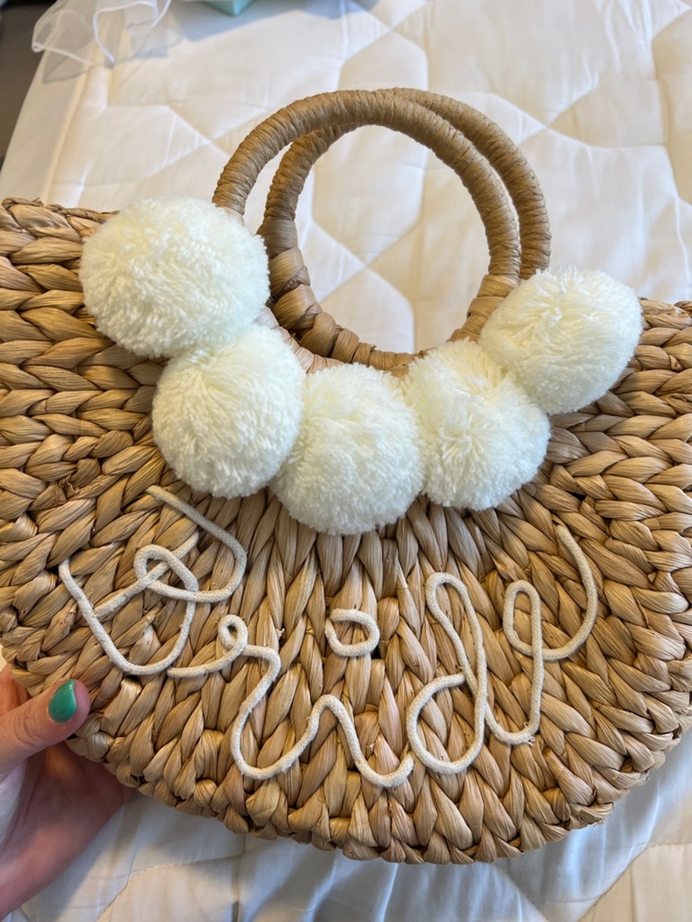 Woven Straw Tote with Cream Pom-Pom Accents - Picture 3 of 4